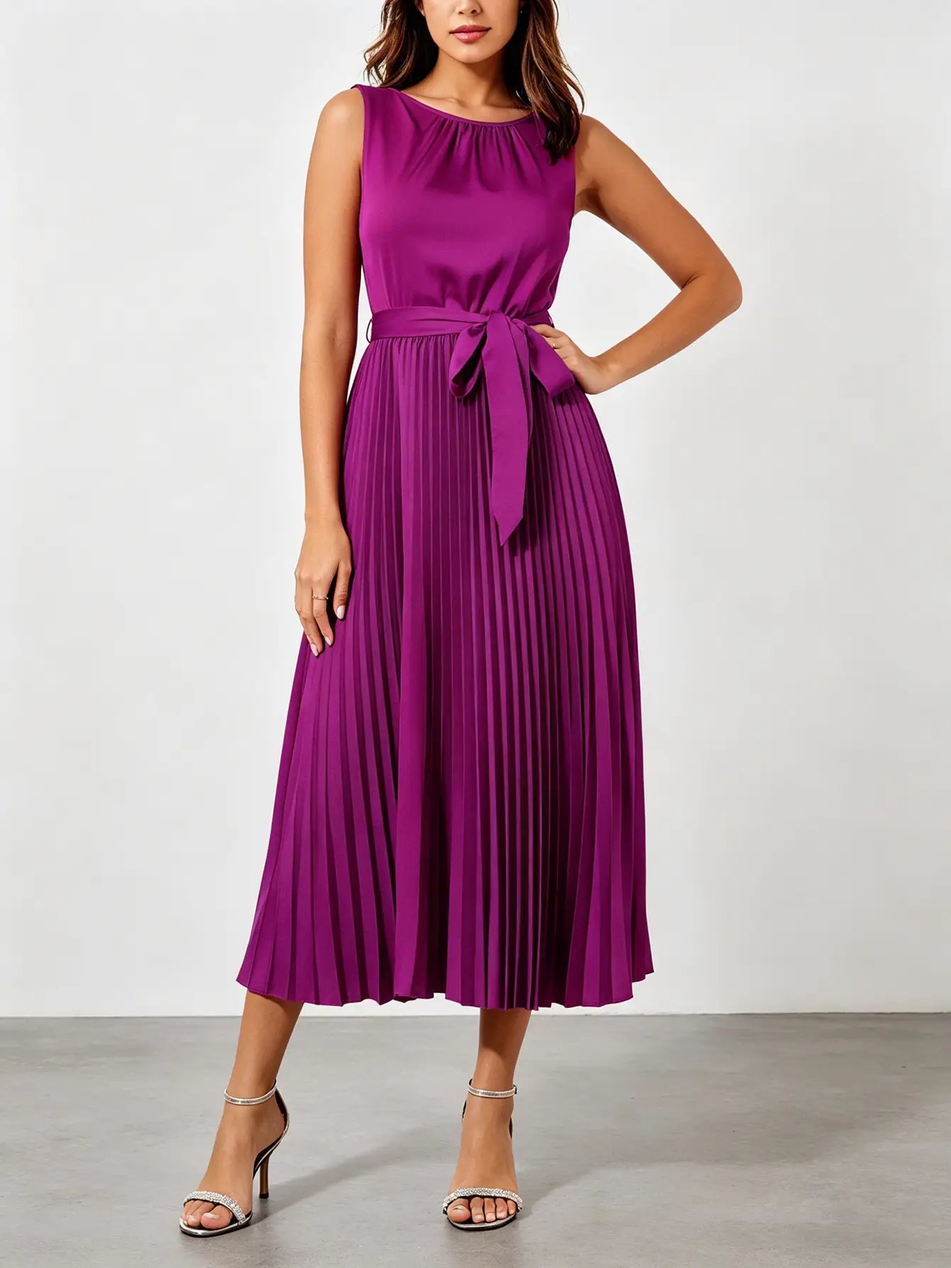 Purple Satin Pleated Midi Dress with Tie-Belt
