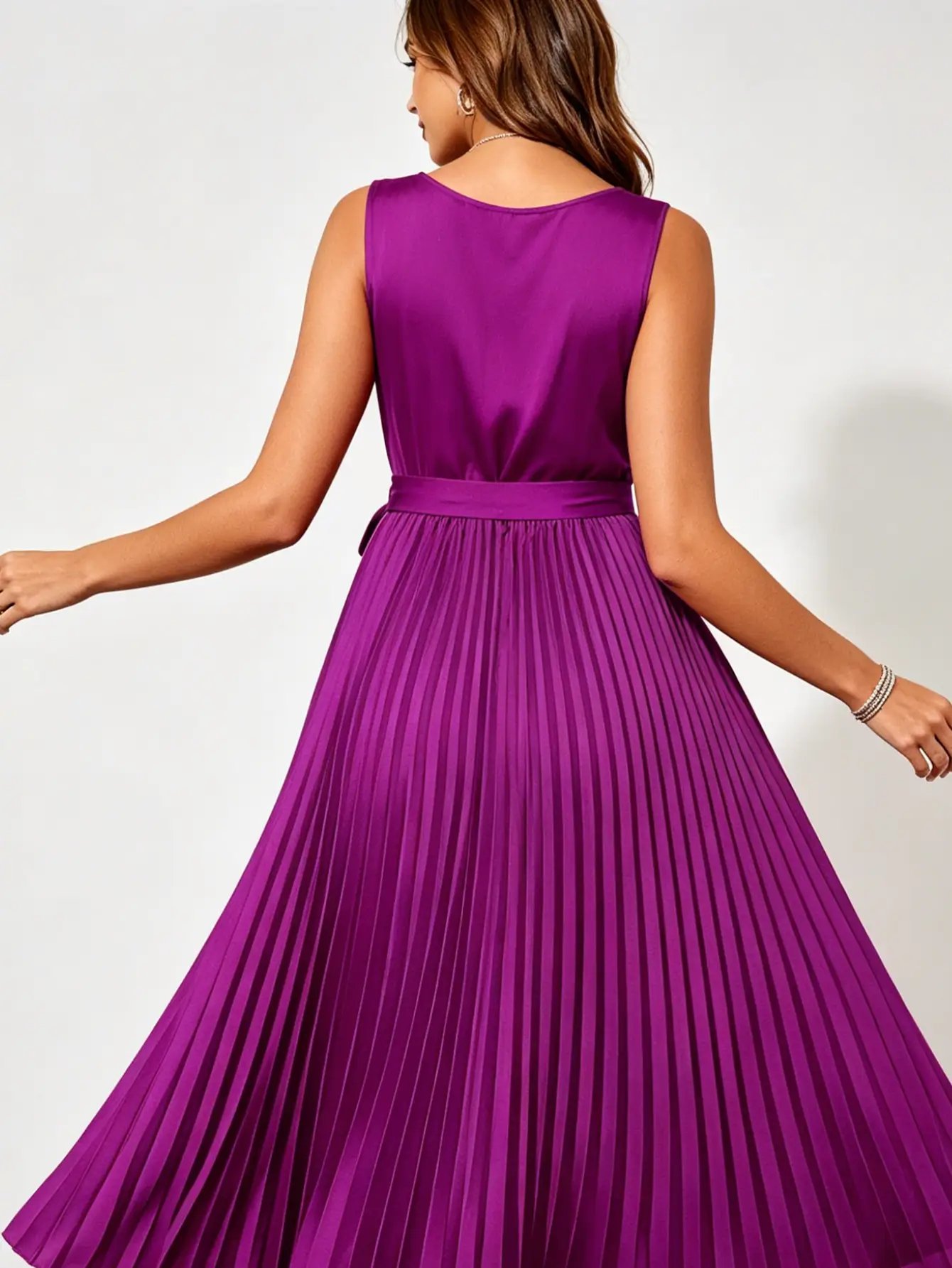 Purple Satin Pleated Midi Dress with Tie-Belt