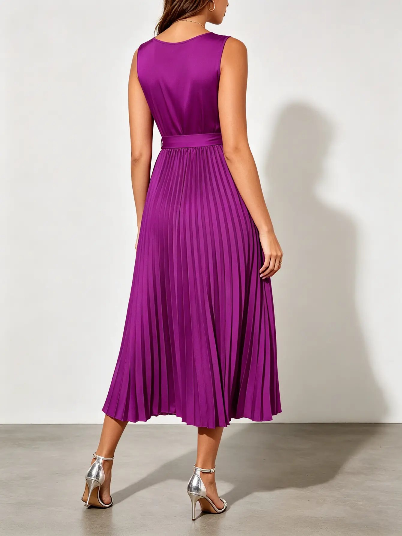 Purple Satin Pleated Midi Dress with Tie-Belt