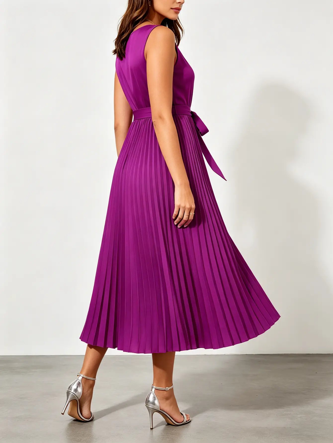 Purple Satin Pleated Midi Dress with Tie-Belt