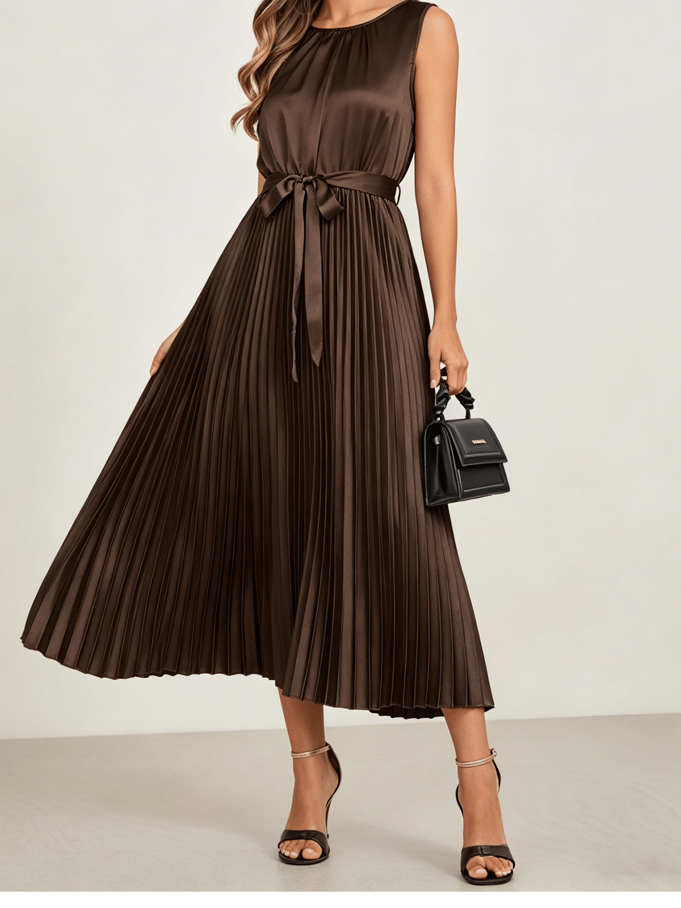 Brown Satin Pleated Midi Dress with Tie-Belt