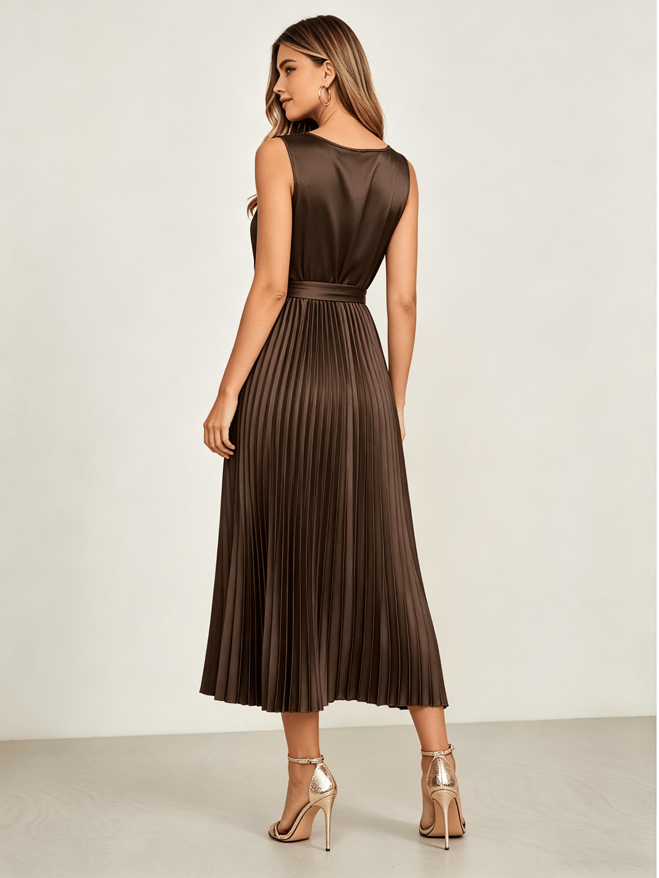 Brown Satin Pleated Midi Dress with Tie-Belt