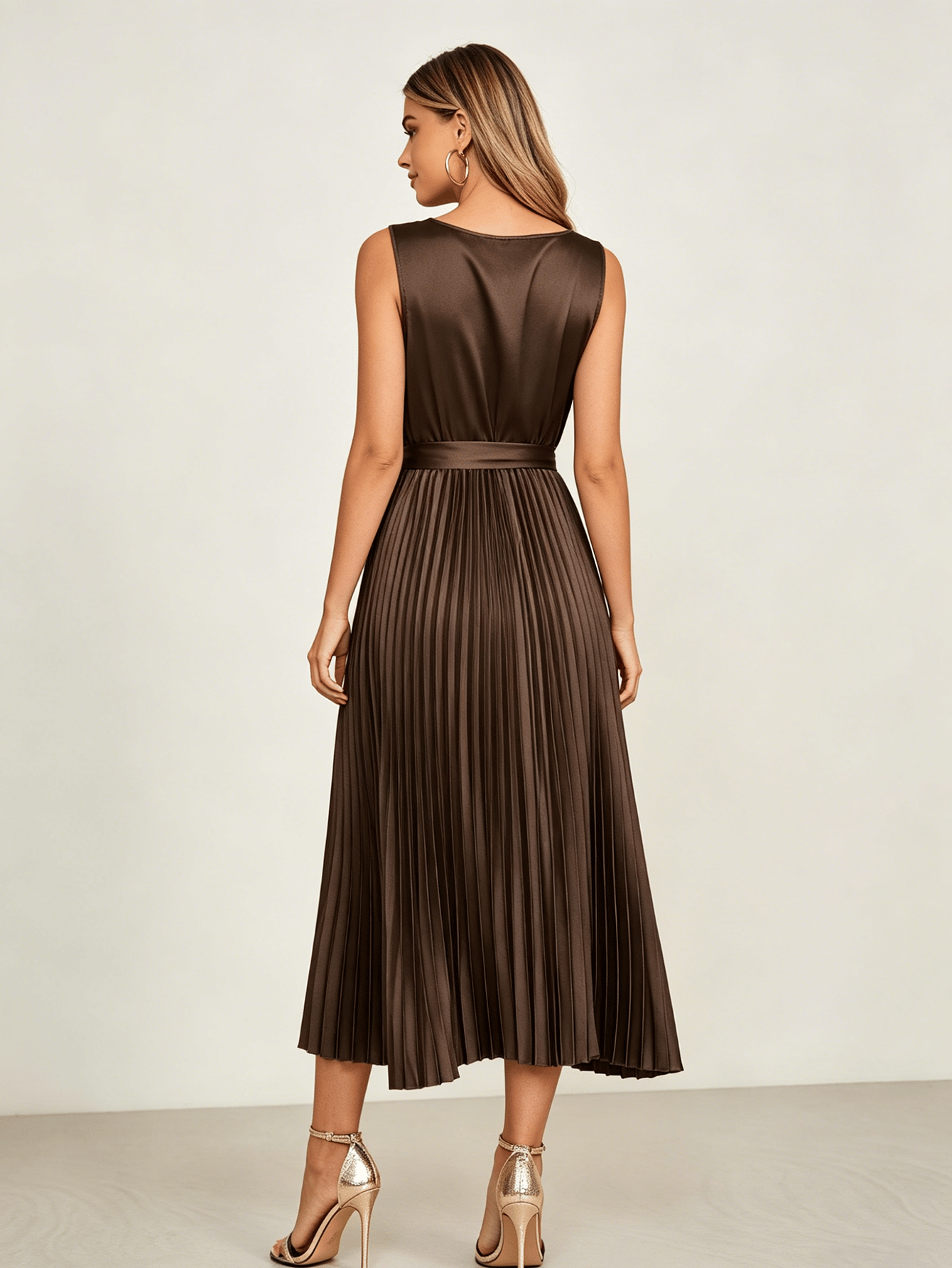 Brown Satin Pleated Midi Dress with Tie-Belt