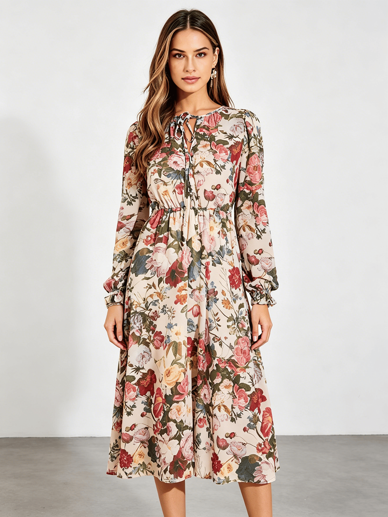 Beige  Floral Print Long Sleeve Midi Dress