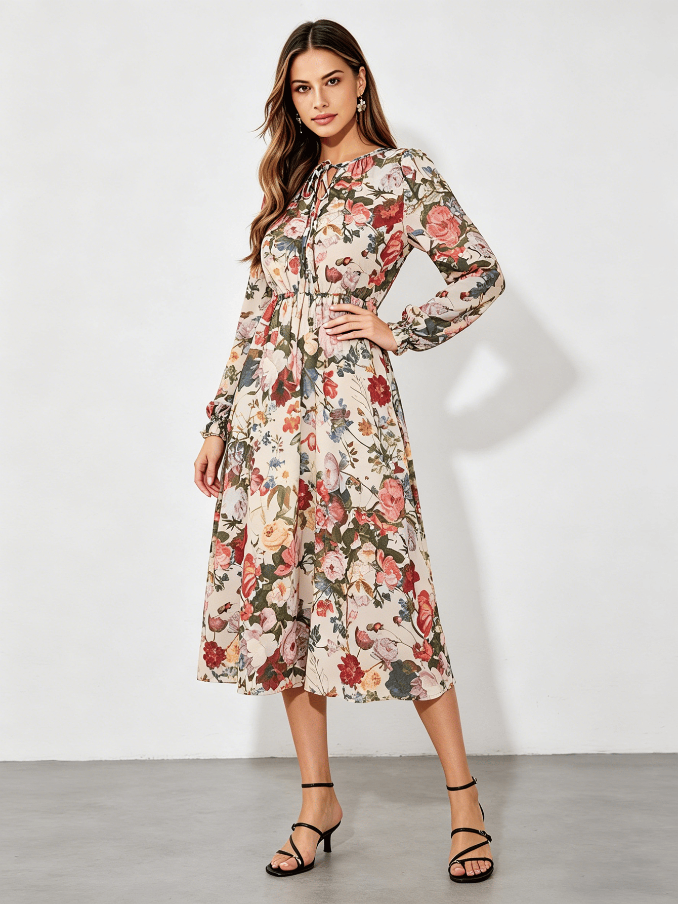 Beige  Floral Print Long Sleeve Midi Dress