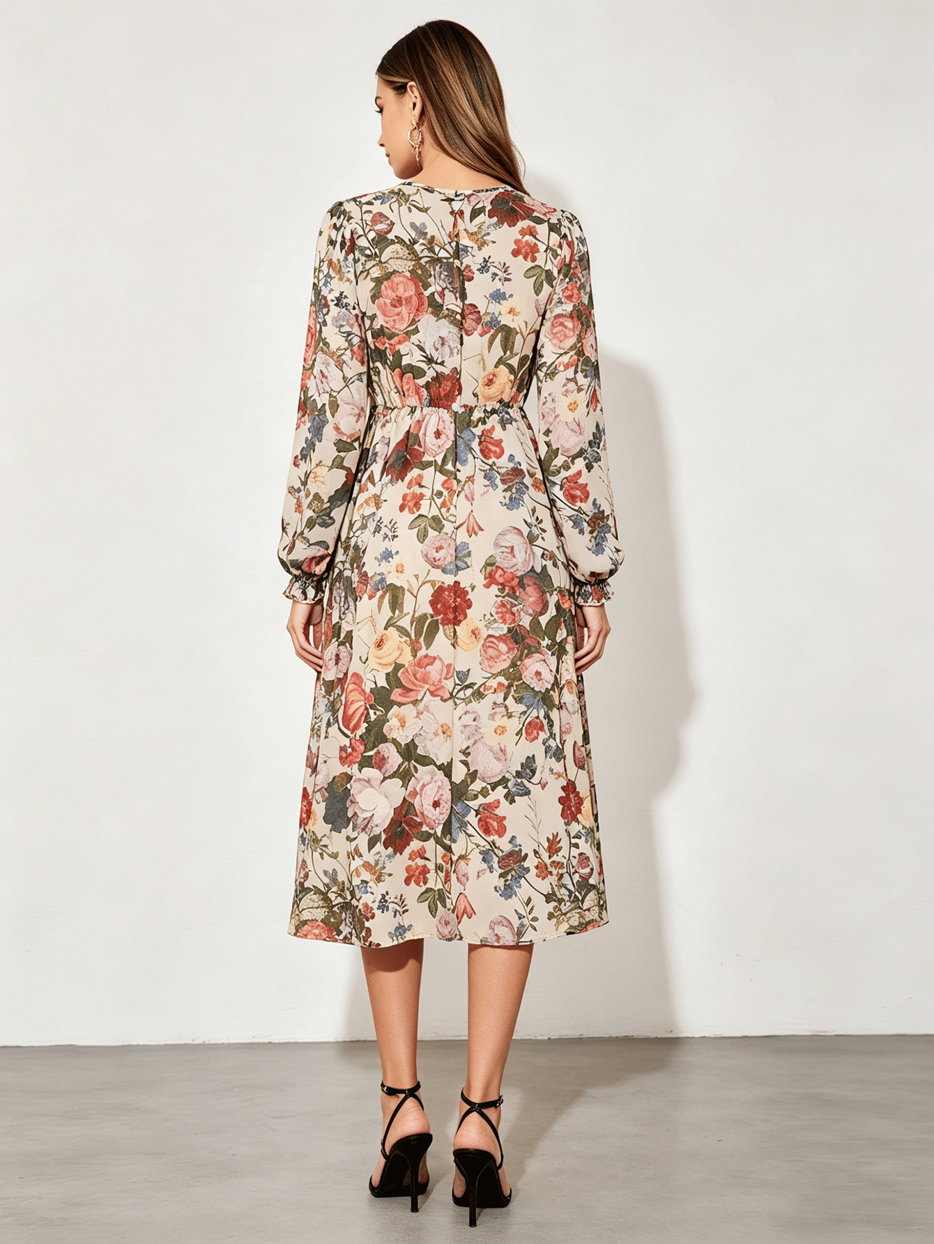 Beige  Floral Print Long Sleeve Midi Dress