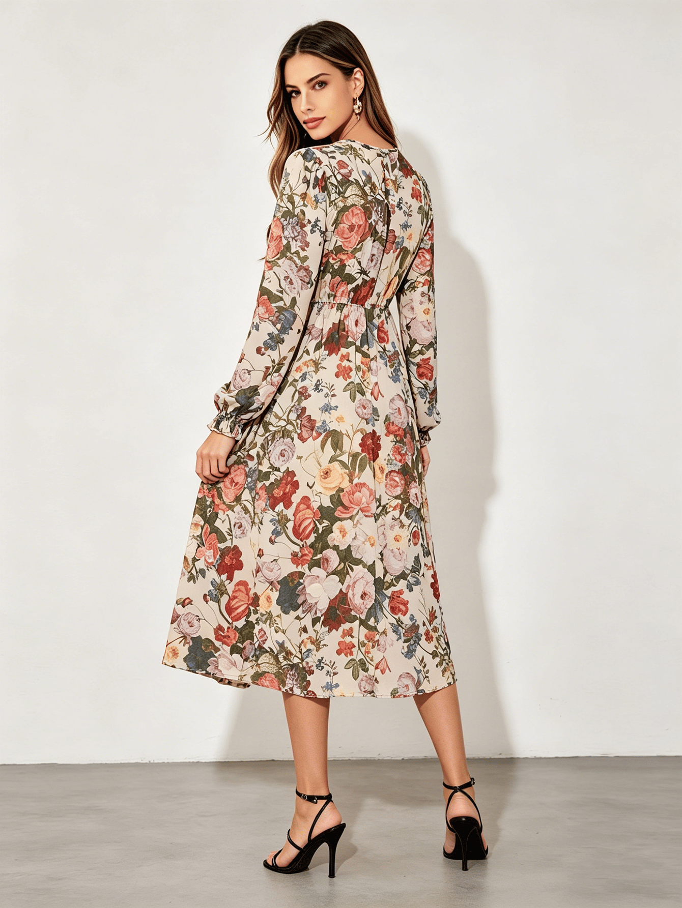 Beige  Floral Print Long Sleeve Midi Dress