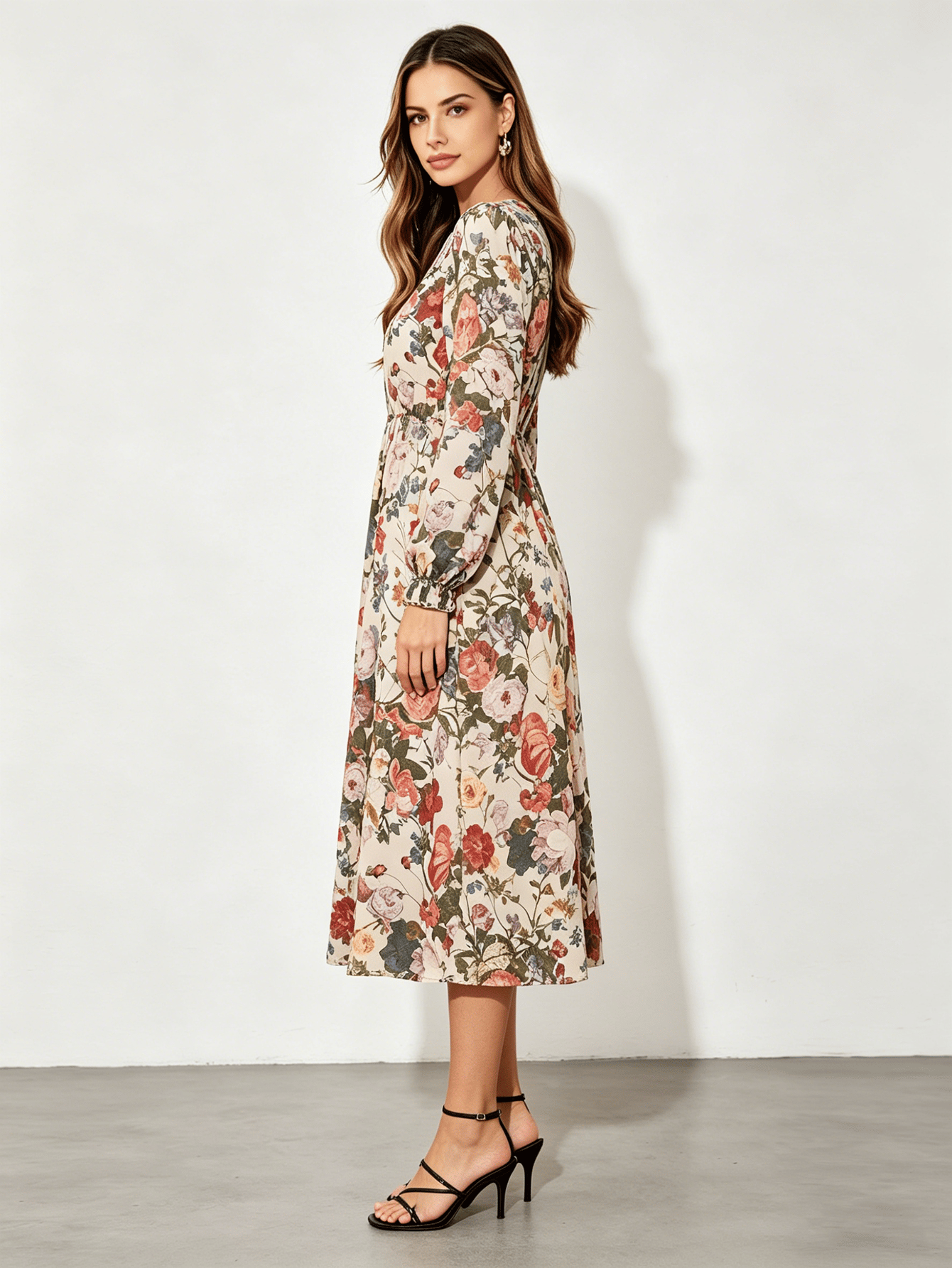 Beige  Floral Print Long Sleeve Midi Dress