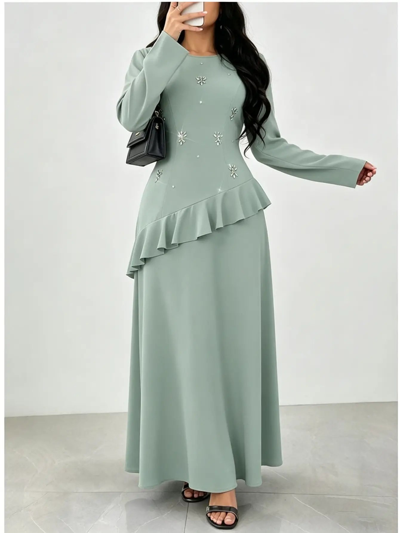 Green Embellished Maxi Dress with Ruffle Detail