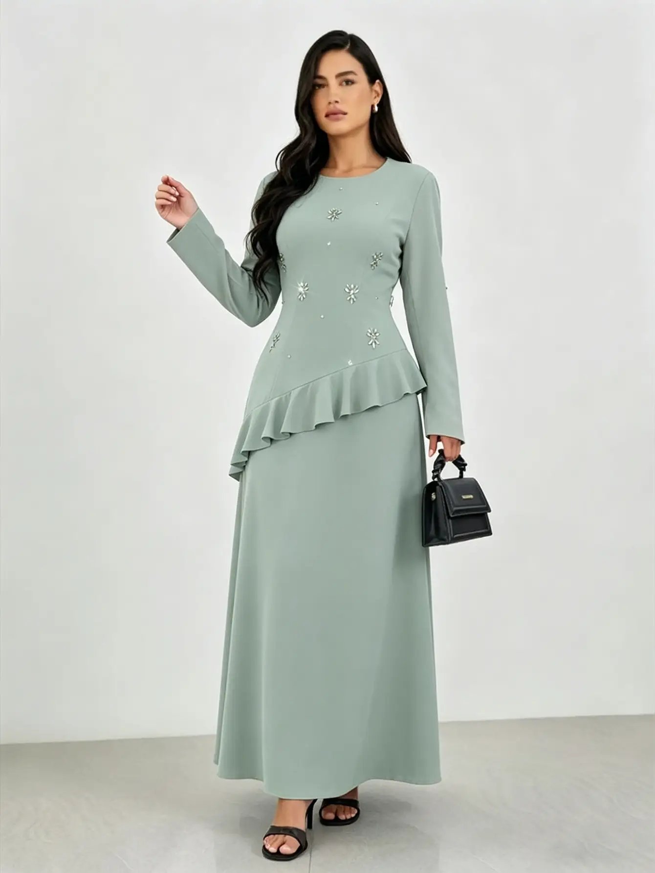 Green Embellished Maxi Dress with Ruffle Detail