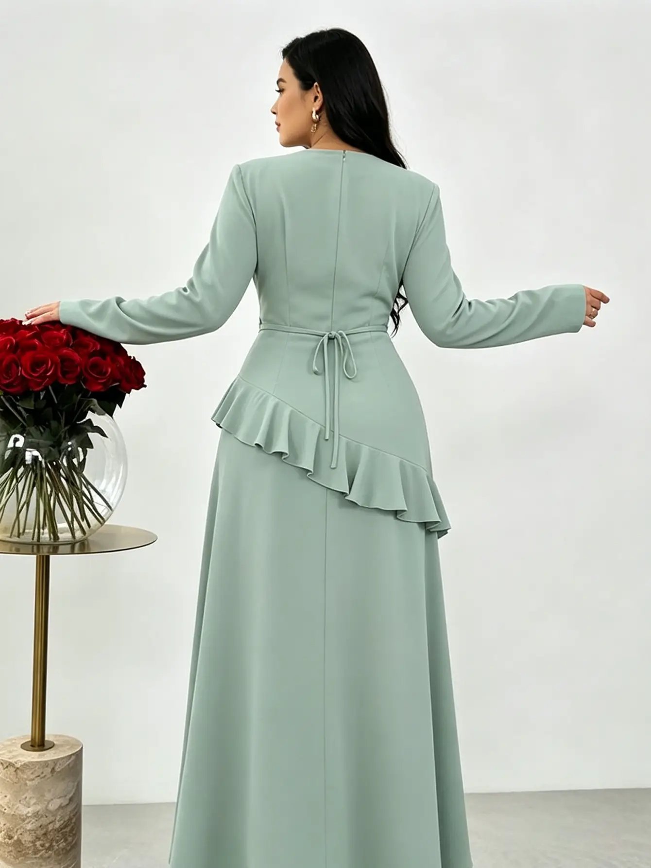 Green Embellished Maxi Dress with Ruffle Detail