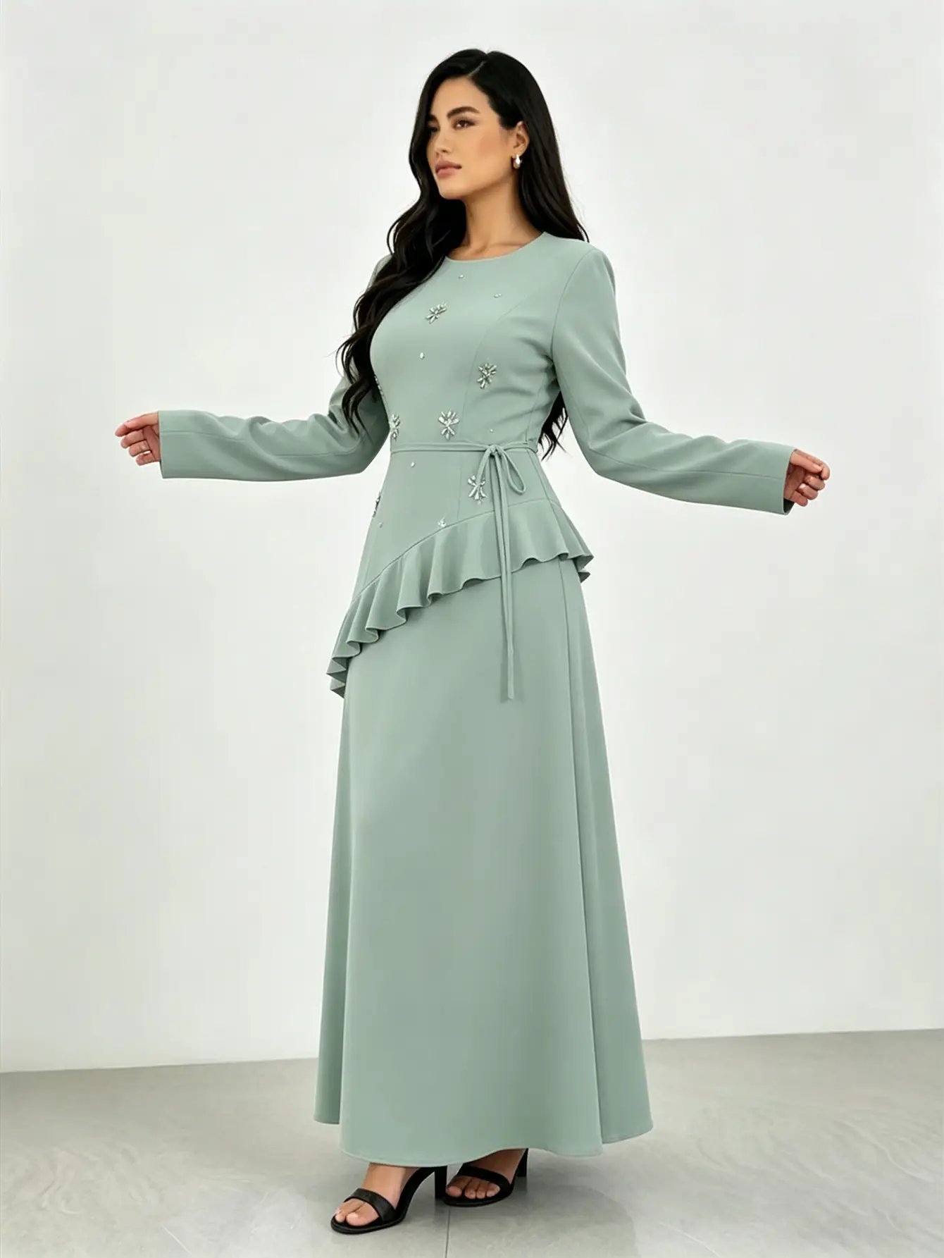 Green Embellished Maxi Dress with Ruffle Detail