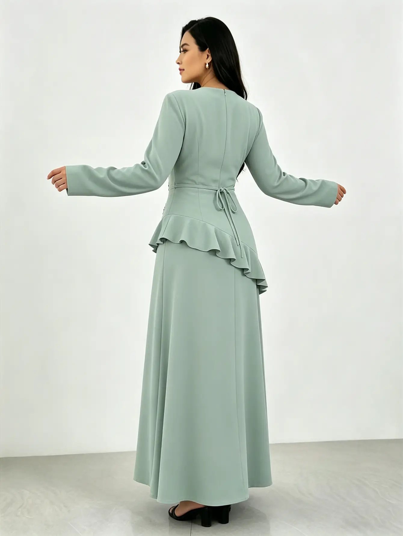 Green Embellished Maxi Dress with Ruffle Detail