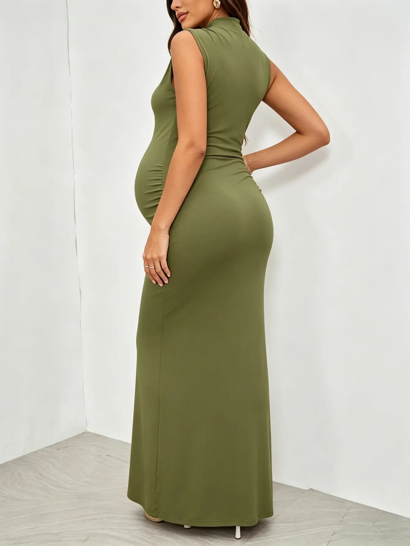 Green Mock Neck Maternity Maxi Dress