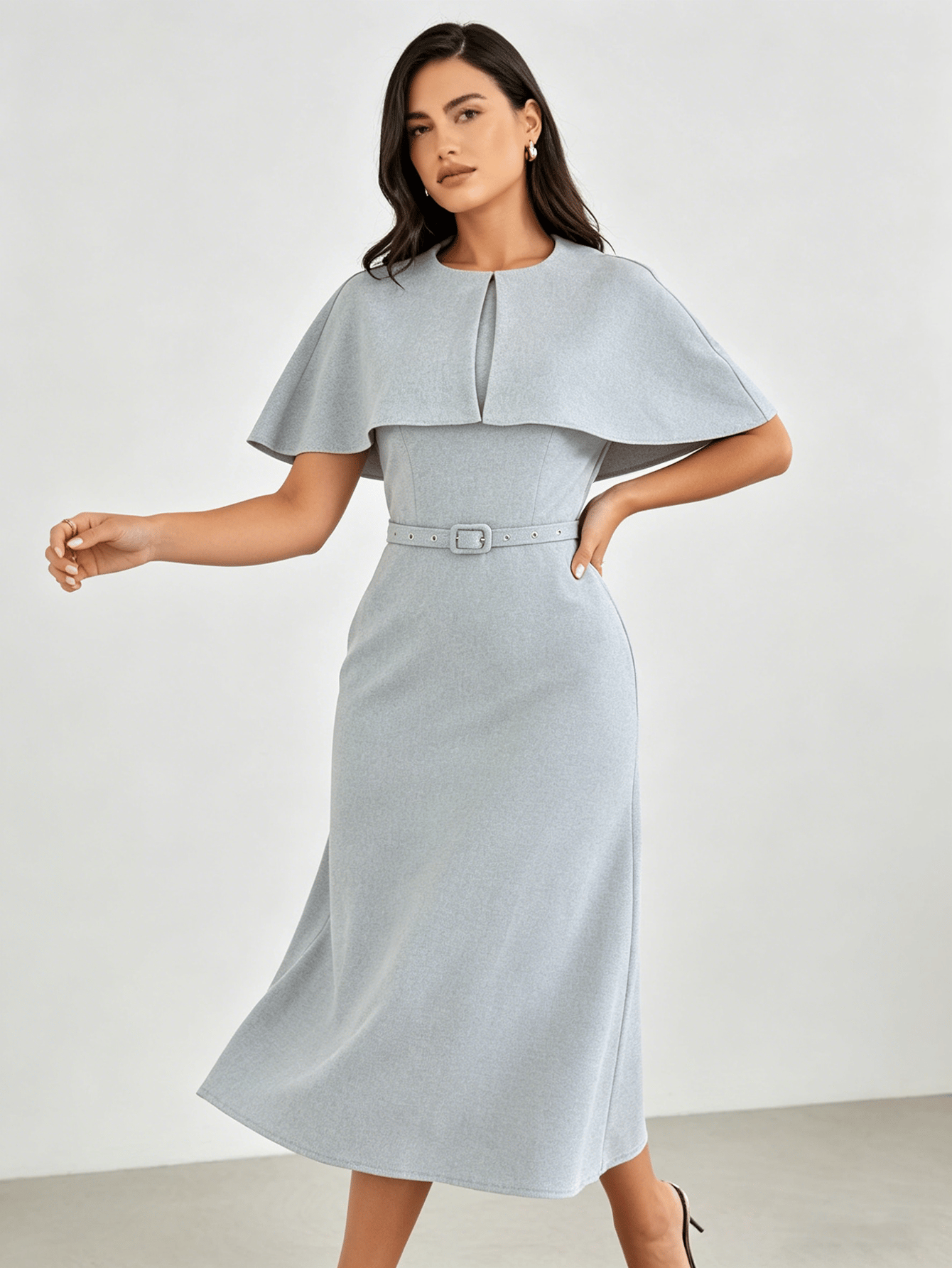 Grey Cape Sleeves Belted Midi Dress