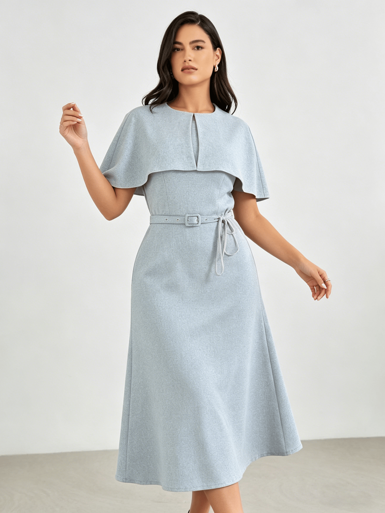 Grey Cape Sleeves Belted Midi Dress