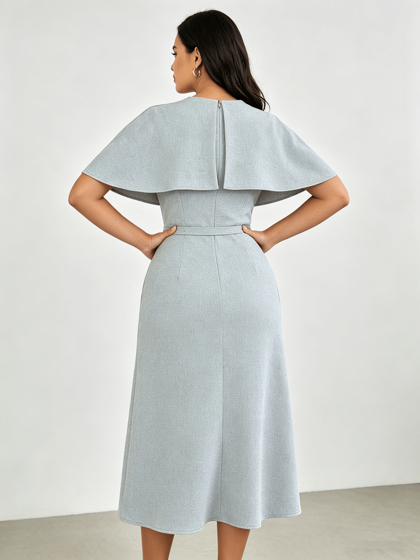 Grey Cape Sleeves Belted Midi Dress