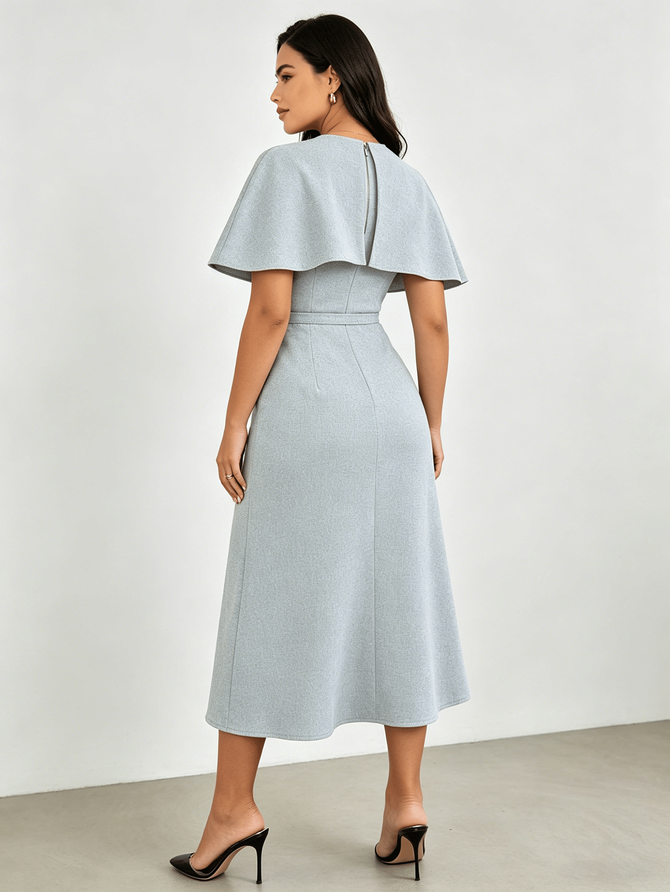 Grey Cape Sleeves Belted Midi Dress