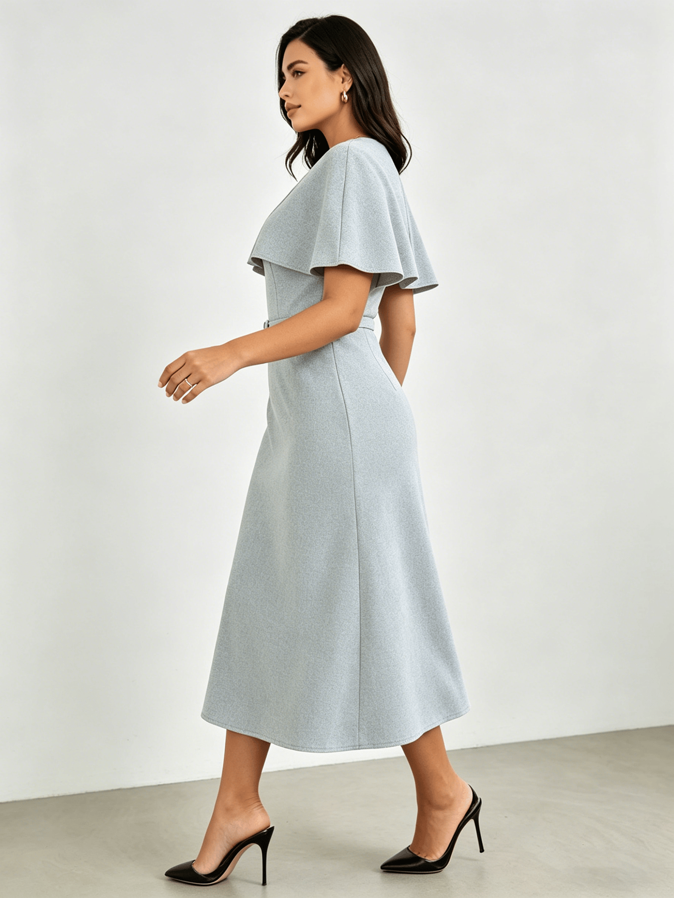 Grey Cape Sleeves Belted Midi Dress