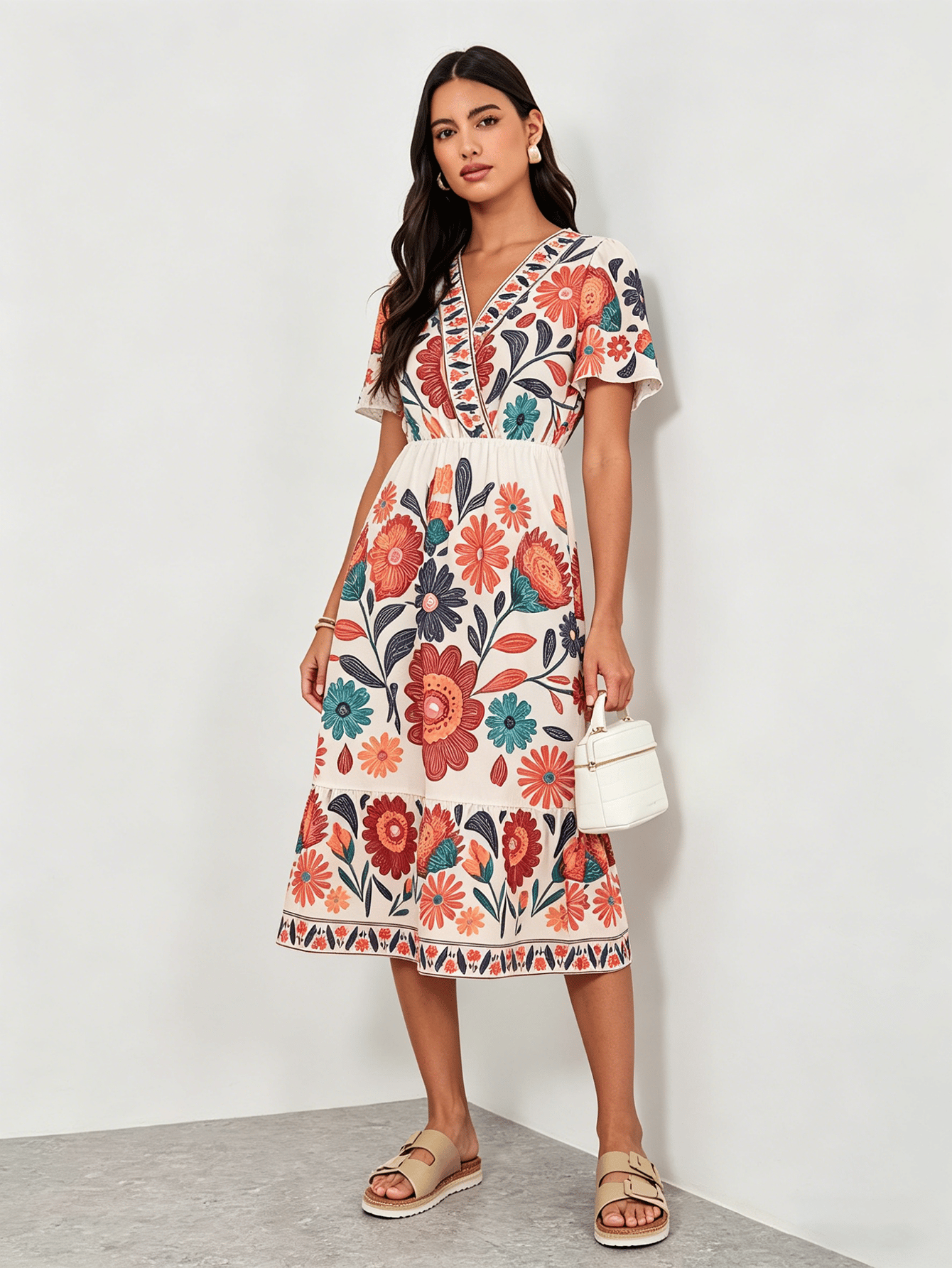 Floral Print V Neck A-Line Midi Dress