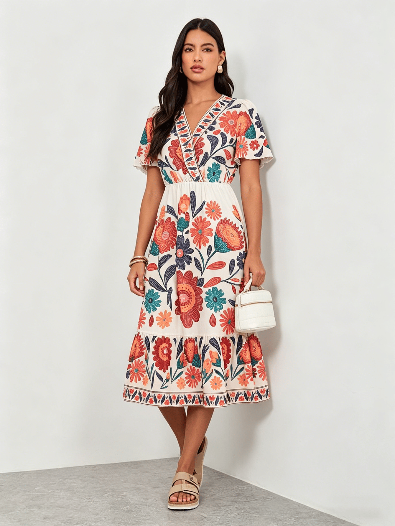 Floral Print V Neck A-Line Midi Dress
