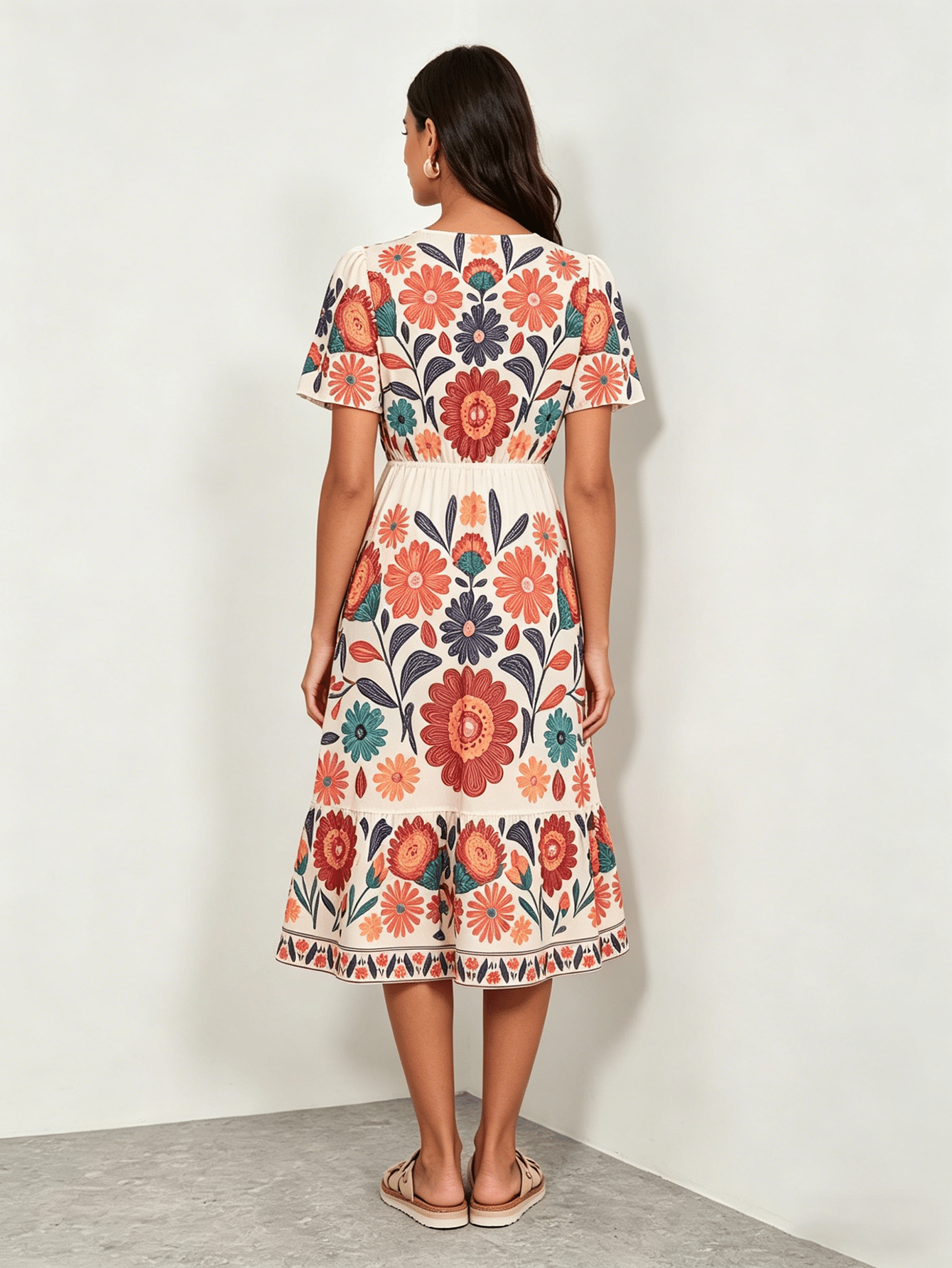 Floral Print V Neck A-Line Midi Dress