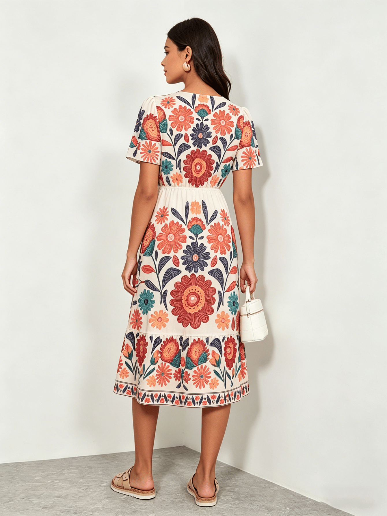 Floral Print V Neck A-Line Midi Dress
