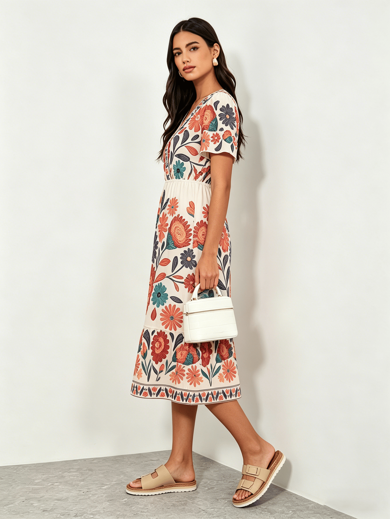 Floral Print V Neck A-Line Midi Dress