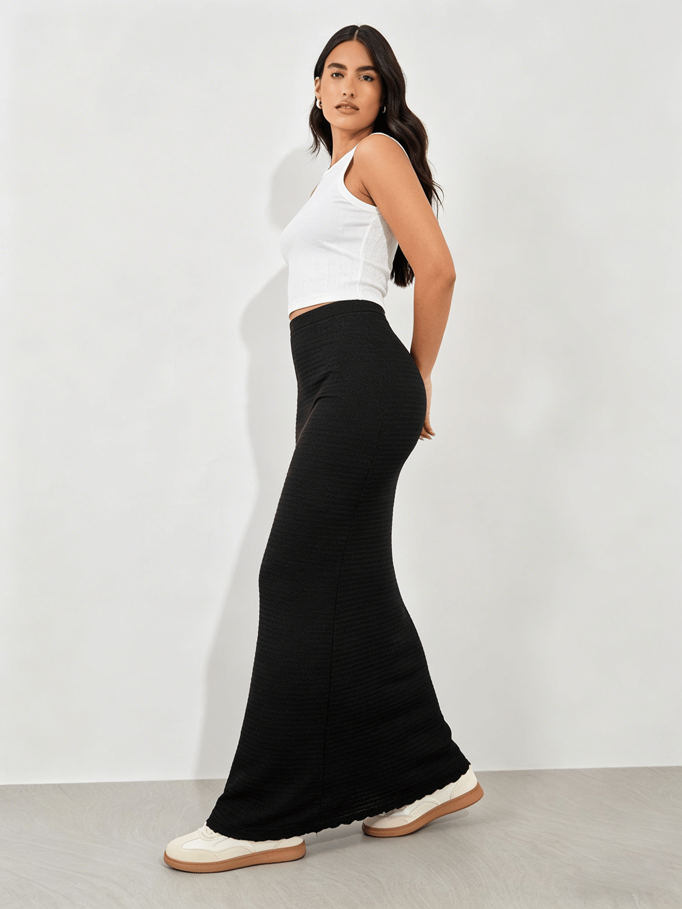 Black Textured Knit Maxi Skirt with Lettuce Edge