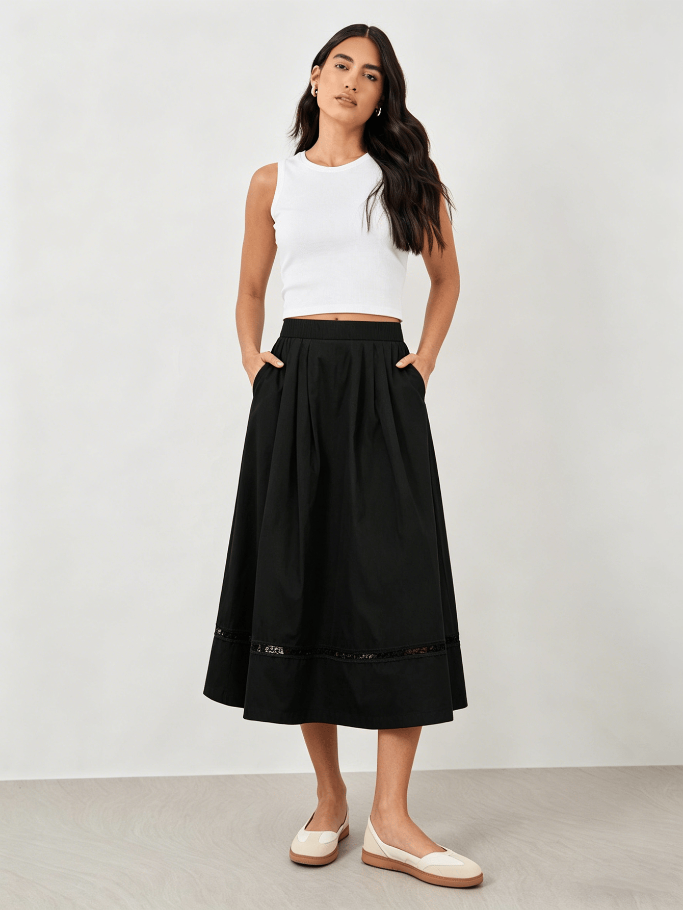 Black Elastic Waist A-Line Midi Skirt with Lace Trim