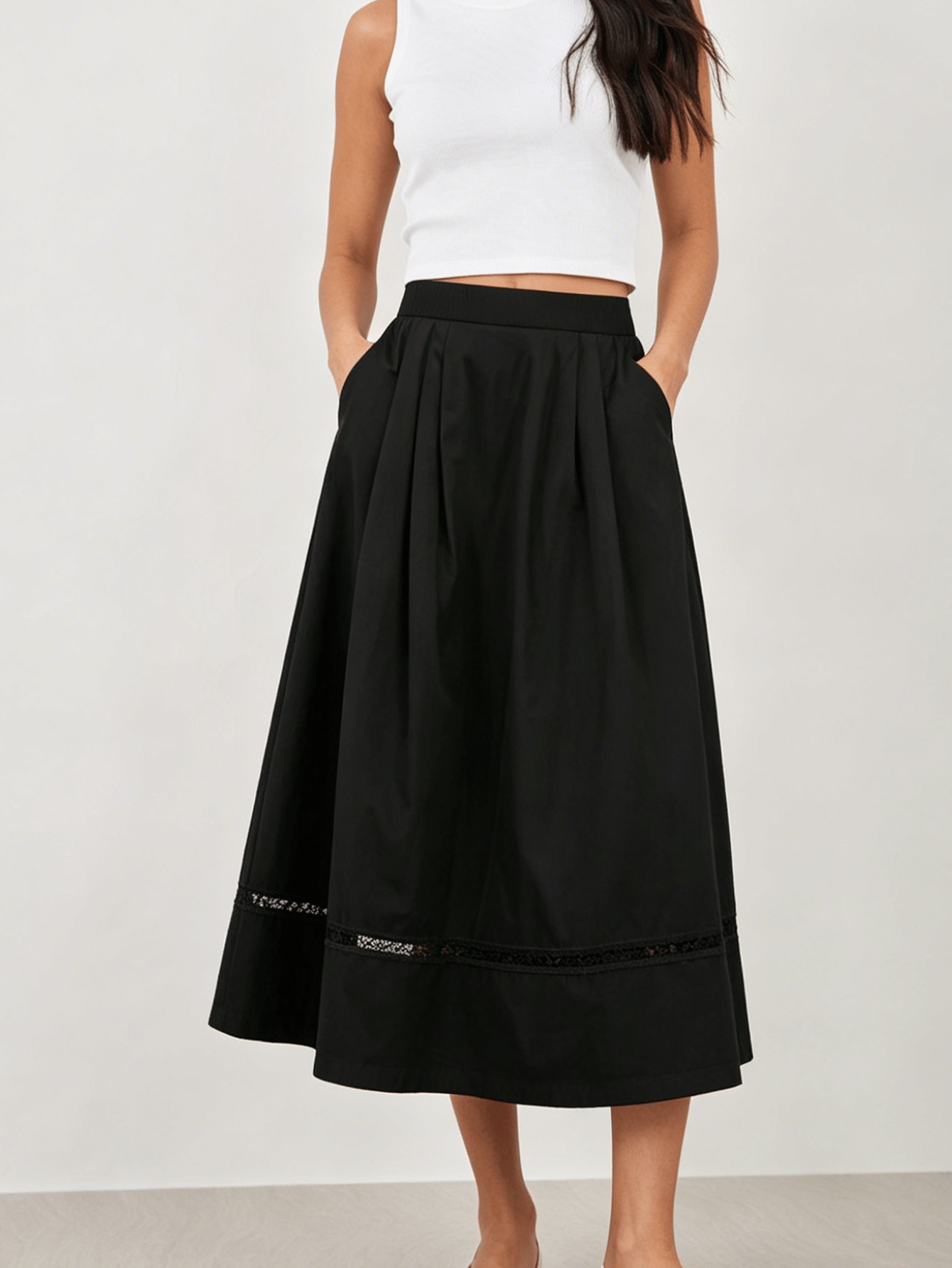 Black Elastic Waist A-Line Midi Skirt with Lace Trim