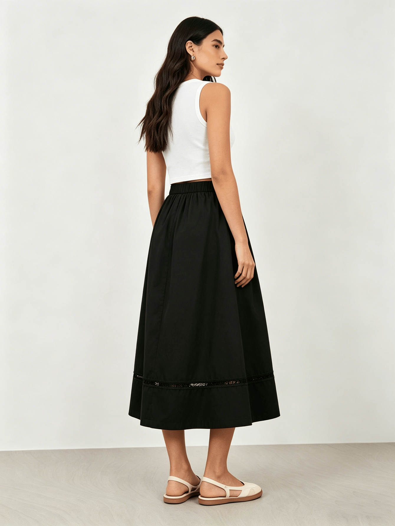 Black Elastic Waist A-Line Midi Skirt with Lace Trim