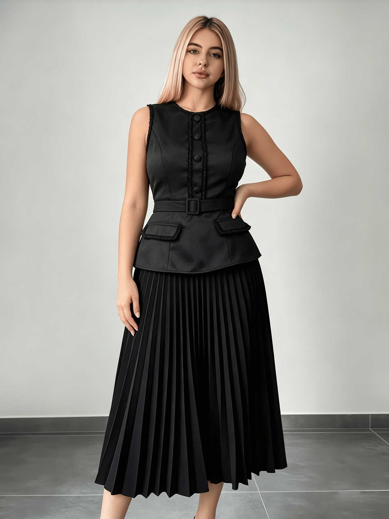 Black Belted Waistcoat and Pleated Midi Skirt Co-Ords