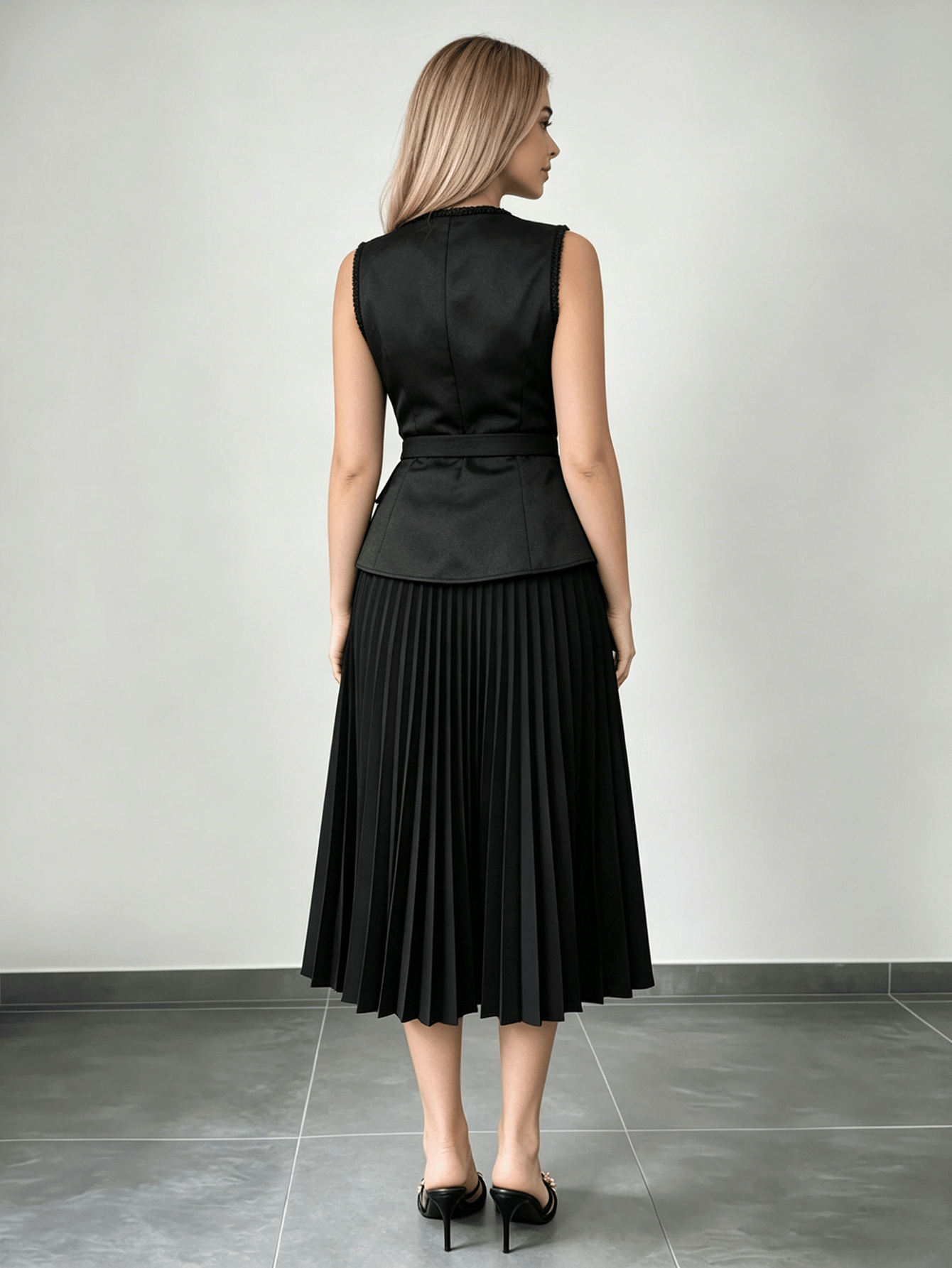 Black Belted Waistcoat and Pleated Midi Skirt Co-Ords