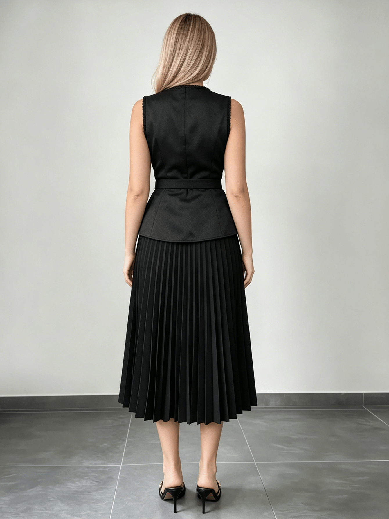 Black Belted Waistcoat and Pleated Midi Skirt Co-Ords