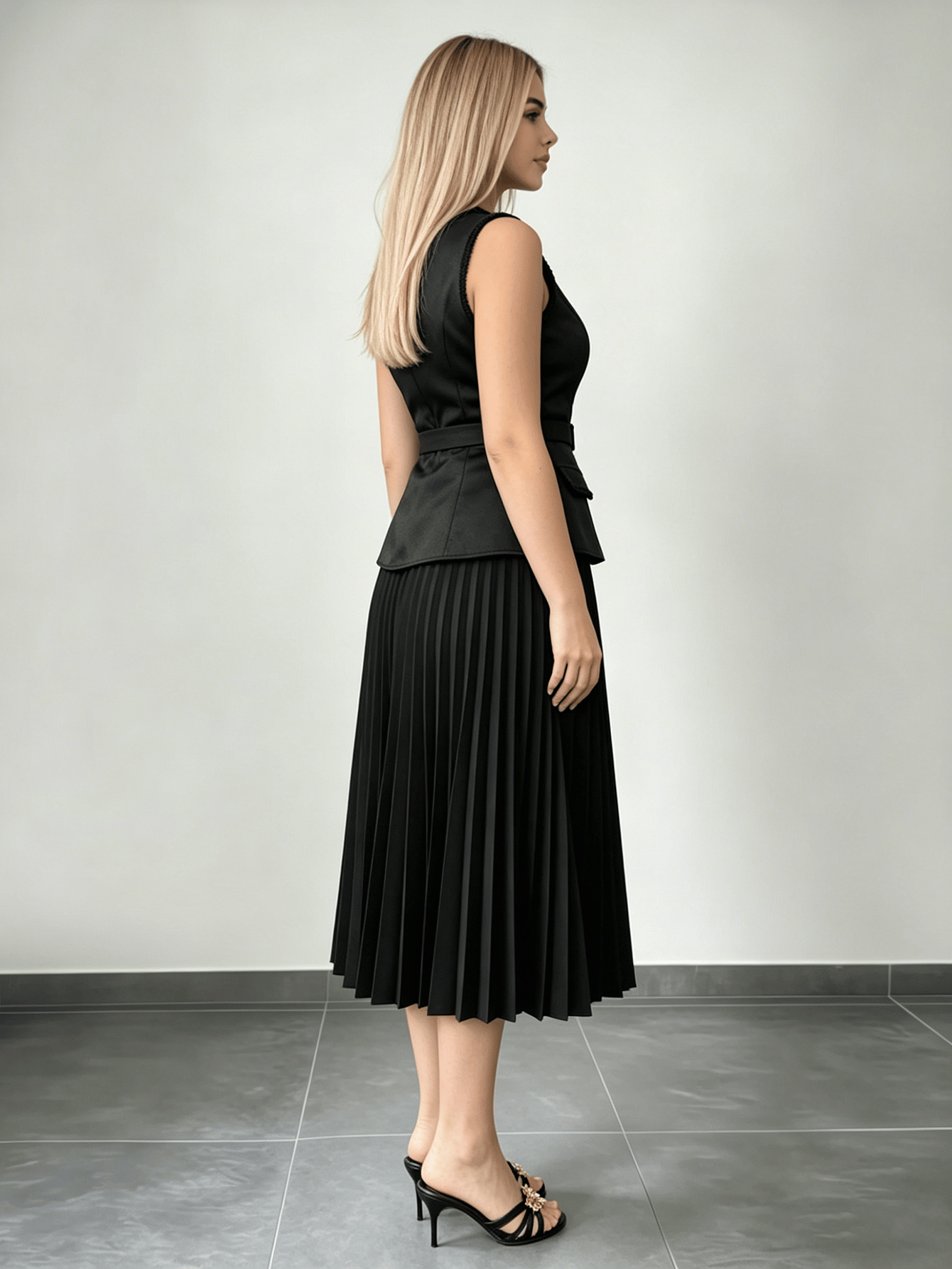 Black Belted Waistcoat and Pleated Midi Skirt Co-Ords