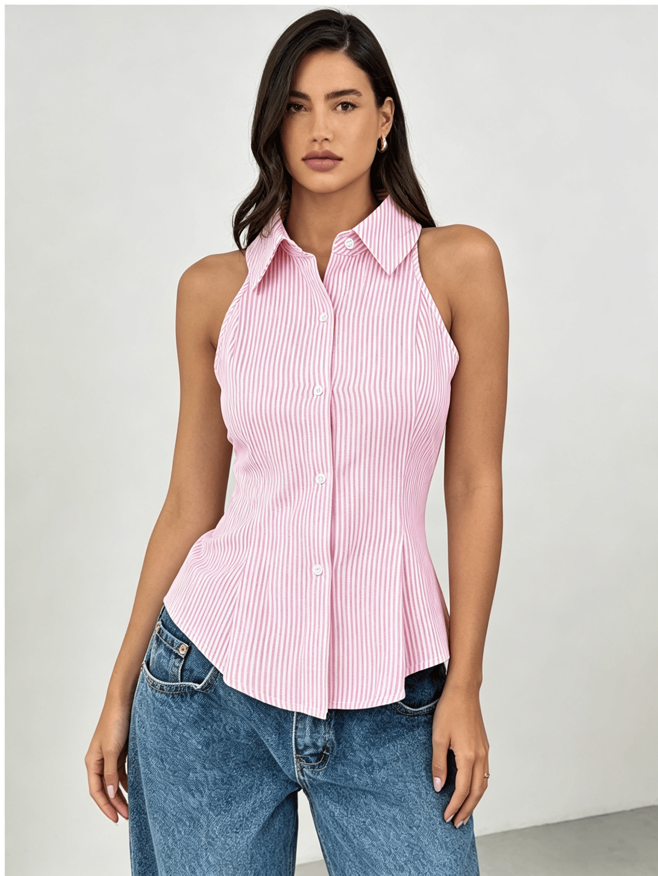 Pink Striped Sleeveless Peplum Shirt
