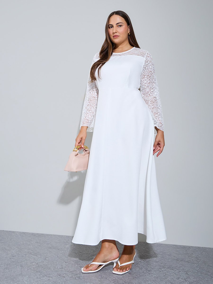 Plus Size White Lace Sleeves A-Line Maxi Dress