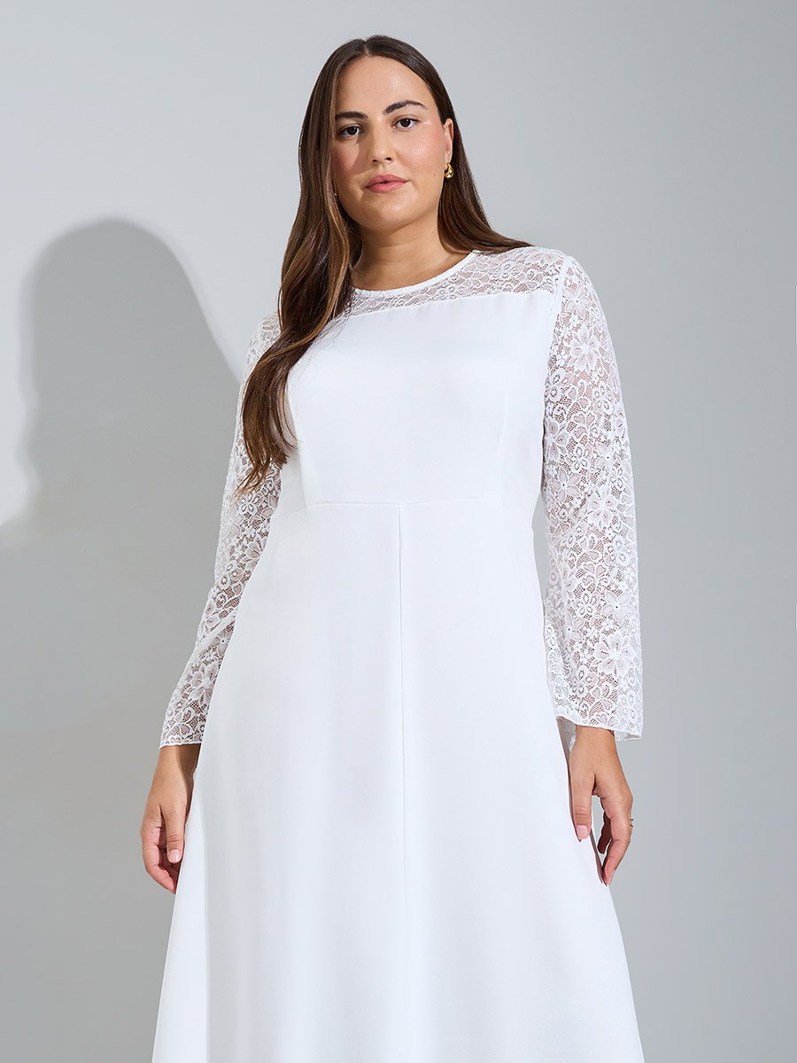 Plus Size White Lace Sleeves A-Line Maxi Dress