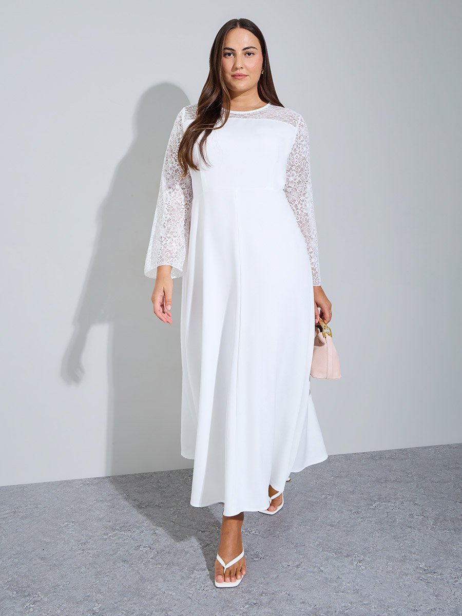 Plus Size White Lace Sleeves A-Line Maxi Dress