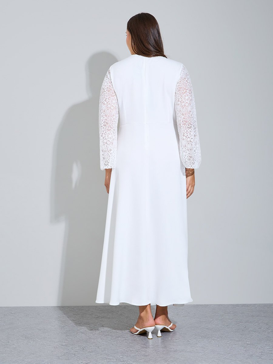Plus Size White Lace Sleeves A-Line Maxi Dress