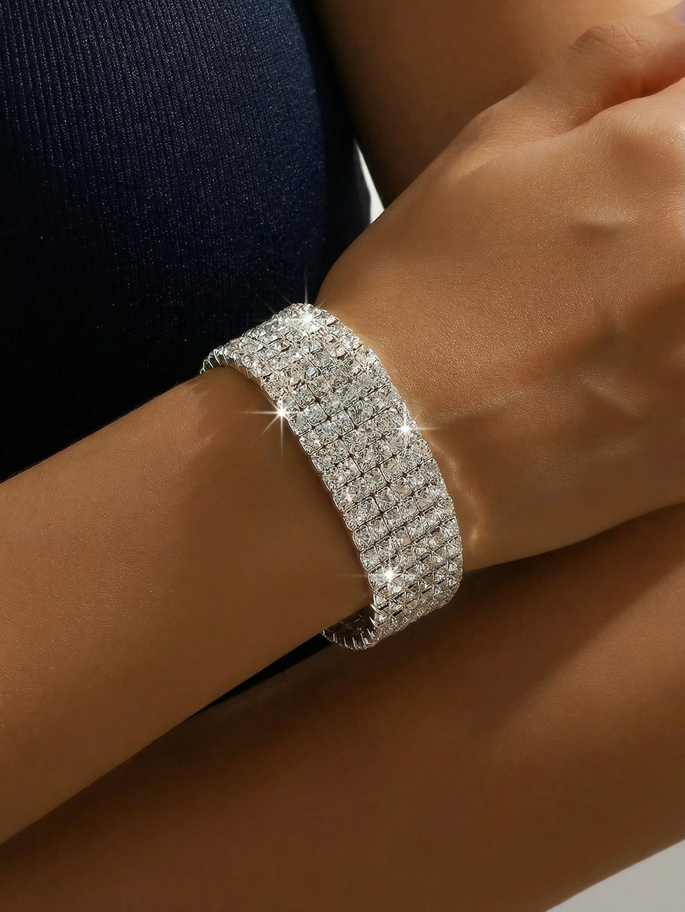 Silver Tone Rhinestone Embellished Cuff Bracelet