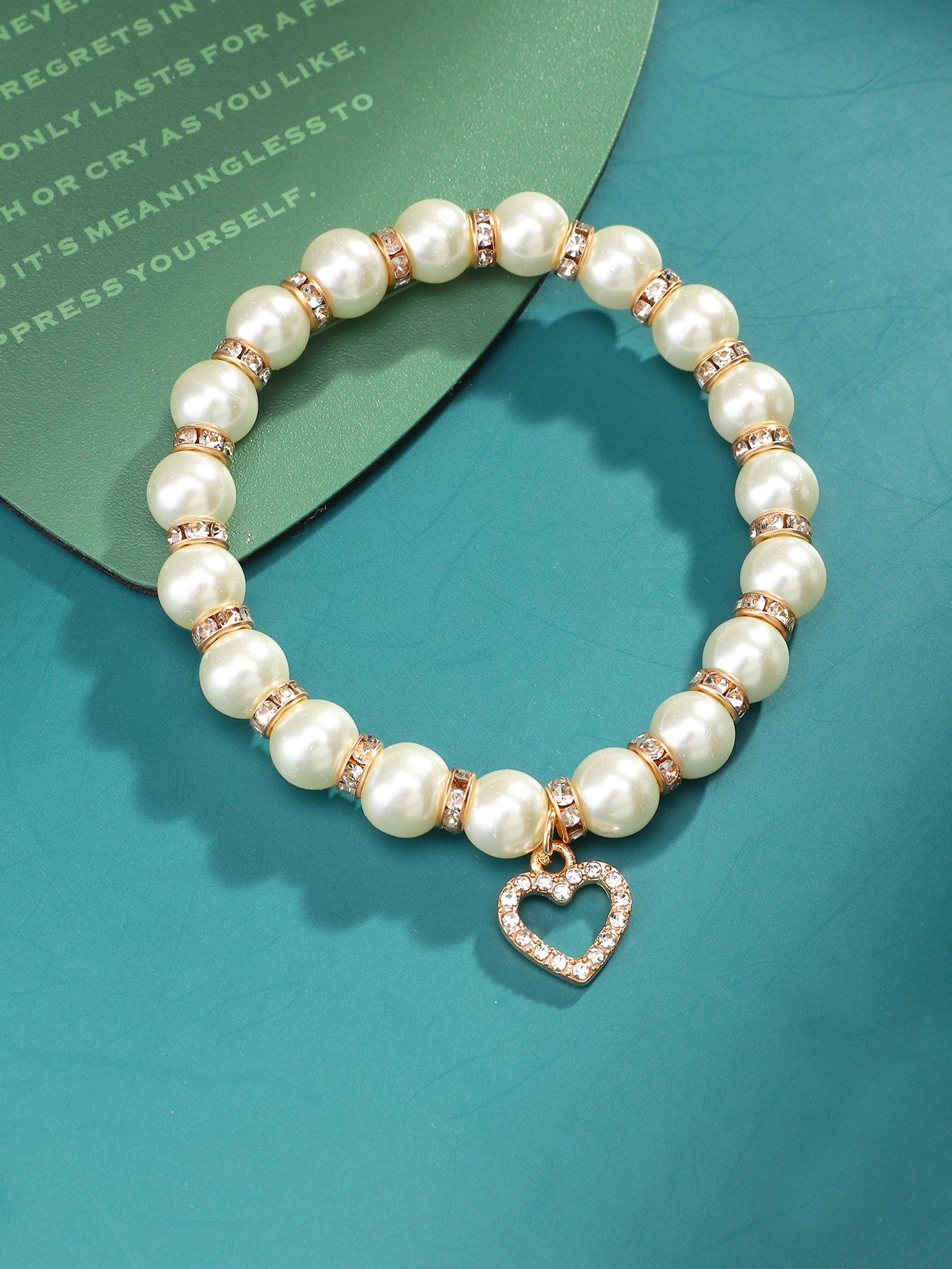 White Pearl and Rhinestone Heart Charm Elastic Bracelet