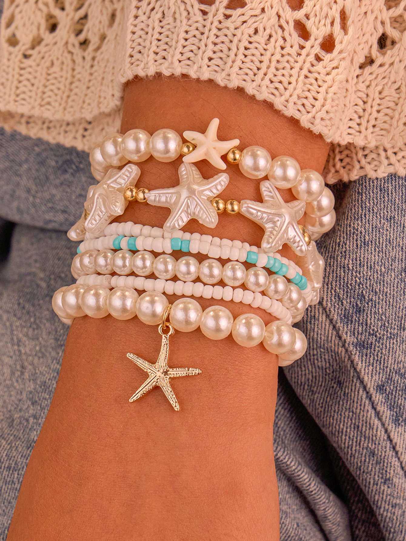 Pack of 7 - Pearls and Starfish Beaded Bracelets