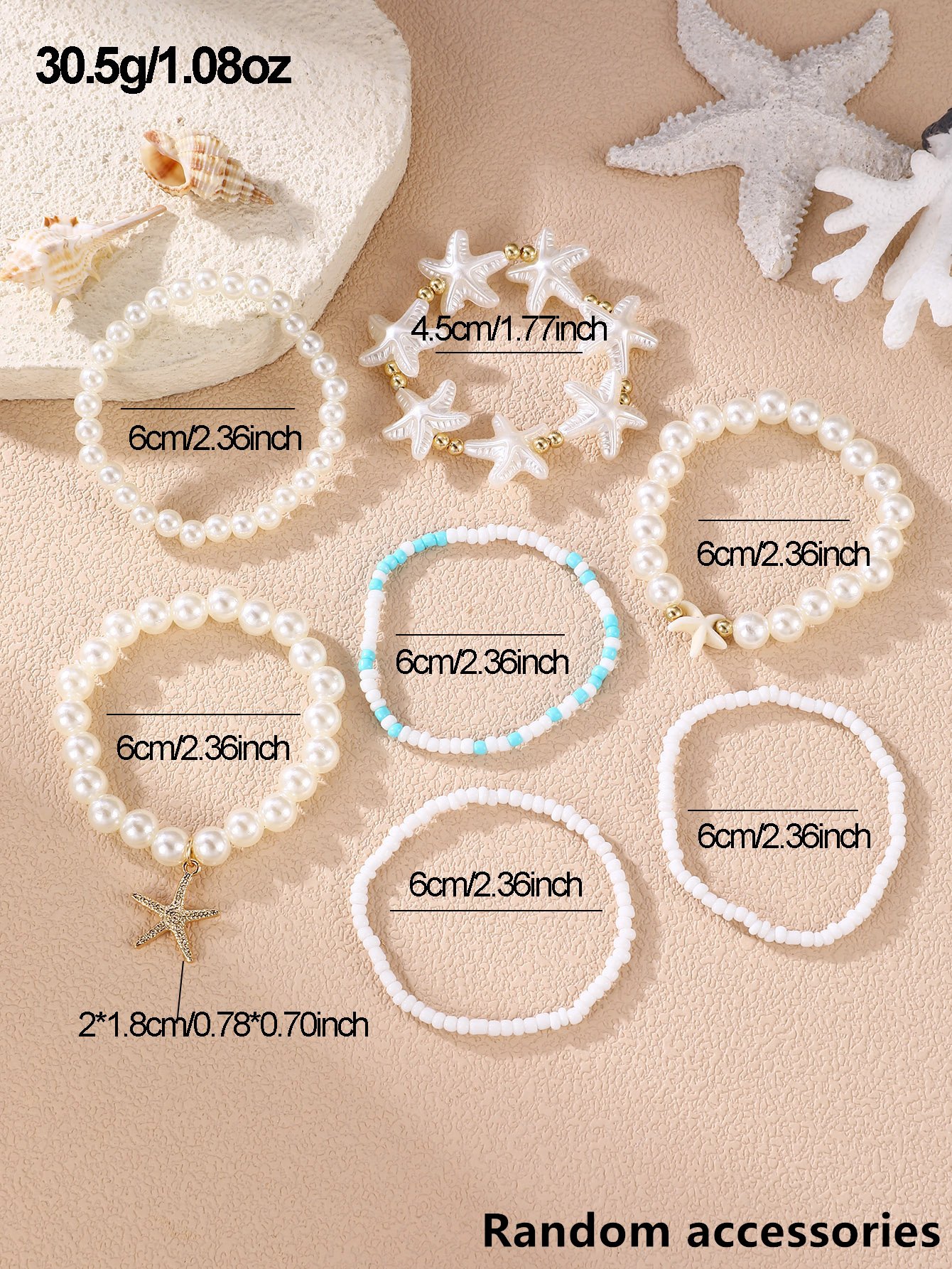 Pack of 7 - Pearls and Starfish Beaded Bracelets