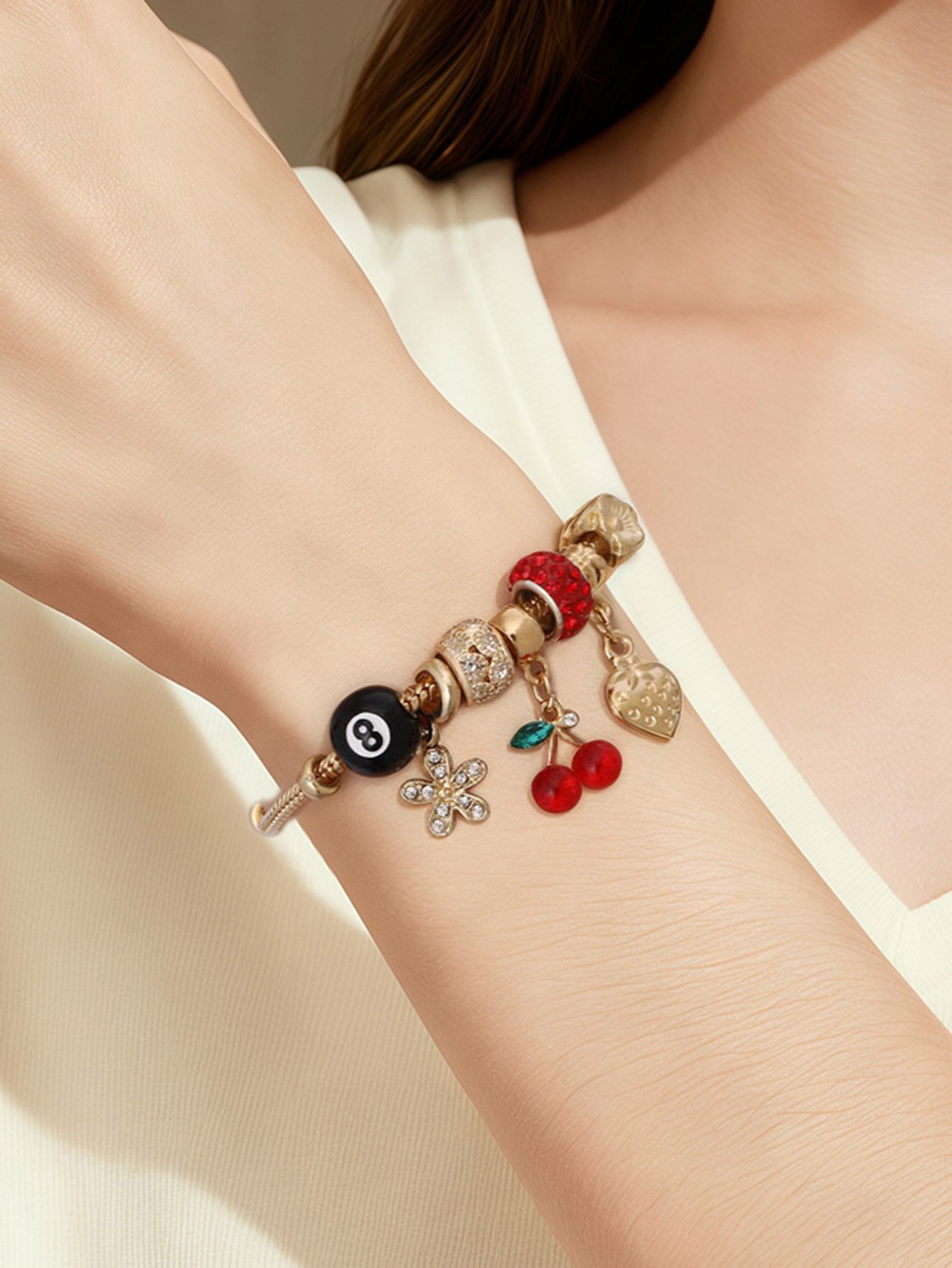 Gold Tone Cherry and Strawberry Charms Bracelet