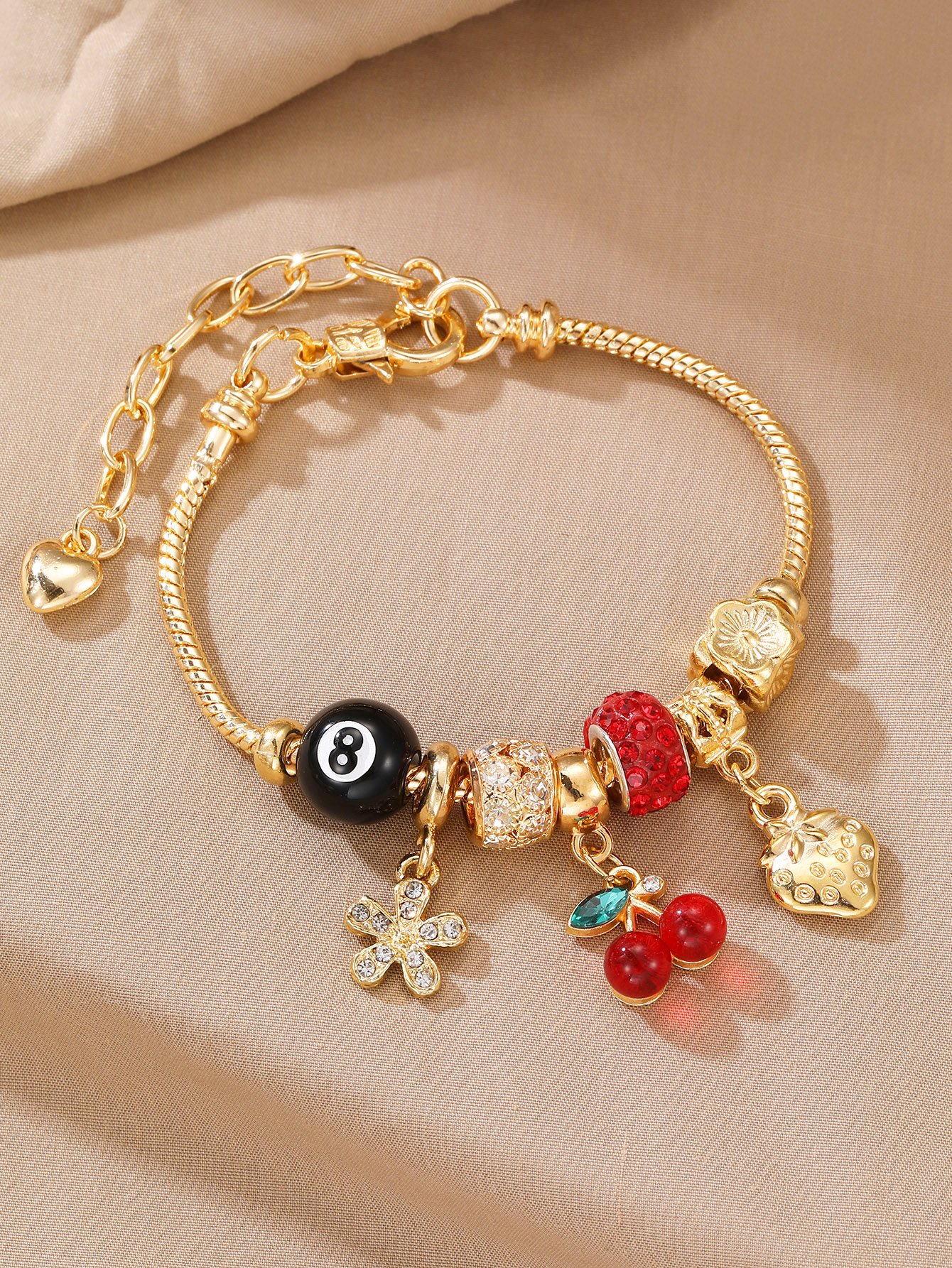 Gold Tone Cherry and Strawberry Charms Bracelet
