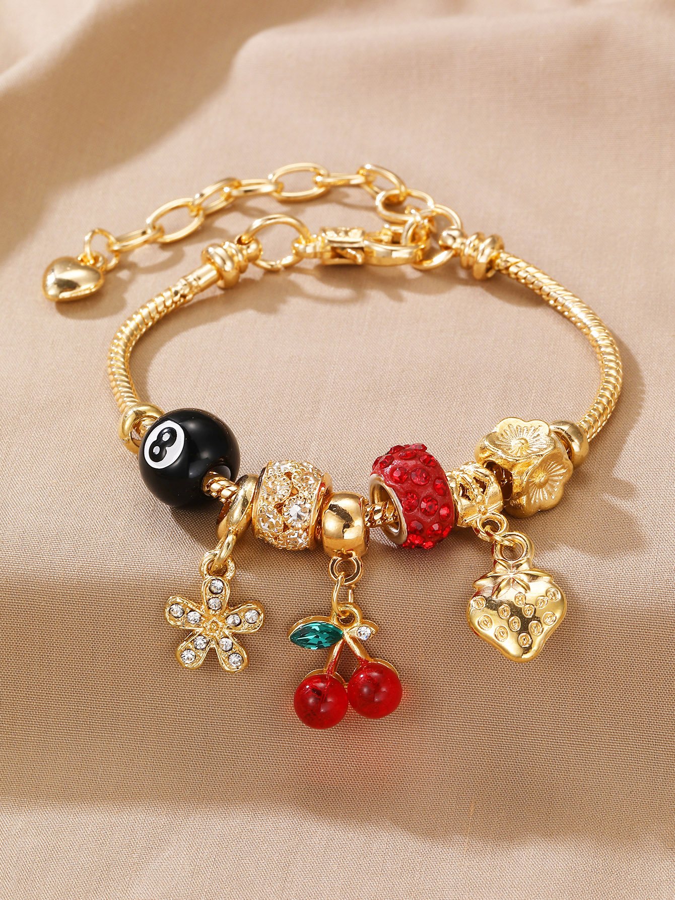 Gold Tone Cherry and Strawberry Charms Bracelet
