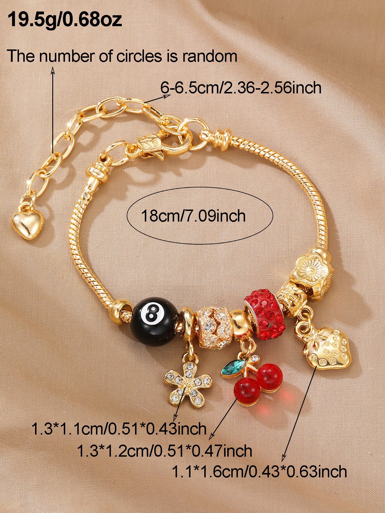 Gold Tone Cherry and Strawberry Charms Bracelet