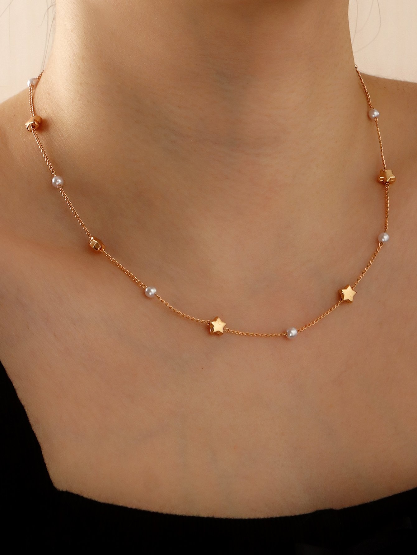Star and Faux Pearl Station Necklace